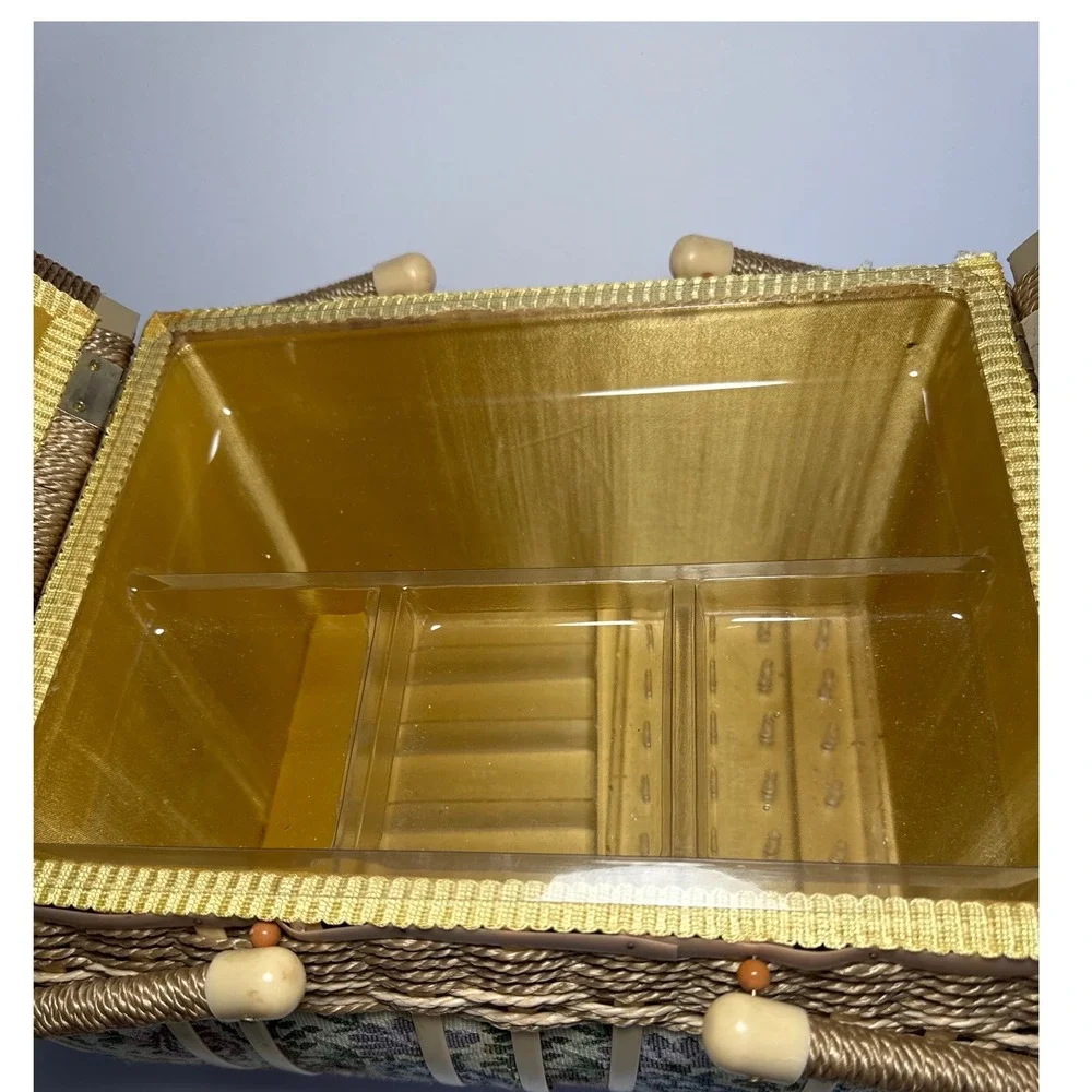 Collins WH Sewing Basket Vintage Floral Tapestry Wicker Gold Satin Lined